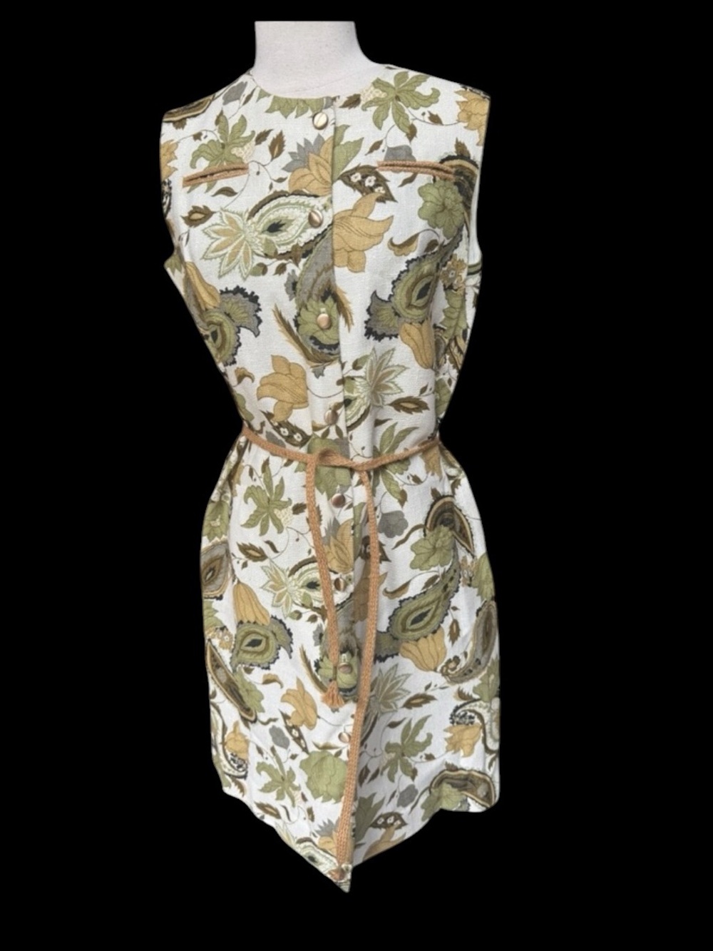 1960s Paper Tag, Linen Blend, Floral Shift Style Dress w/Matching Belt & Front B